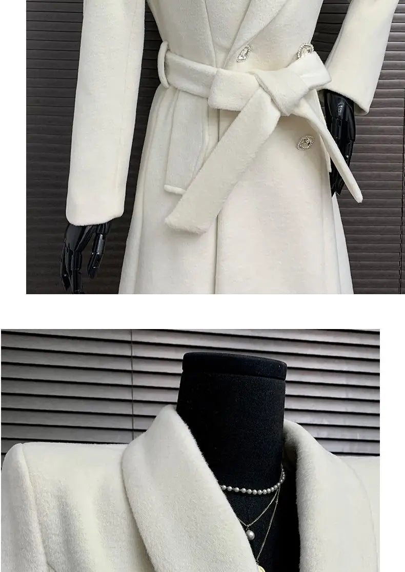 New Elegant White Woolen Coat - Thick Double-Breasted Long Winter/Autumn