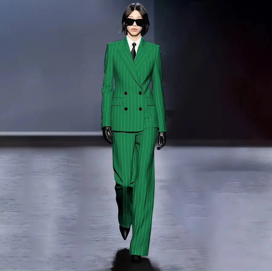 Dark Blue Stripes Women Suit Customized Double-breasted Peak Lapel Two Pieces(Jacket+Pants) Business Office Lady Competent Set JNi3 shop