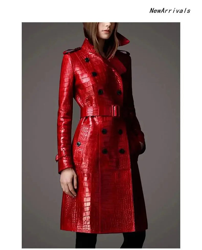 Lautaro Autumn Long Red Crocodile Print Leather Trench Coat for Women Belt Double Breasted Elegant British Style JNi3 shop