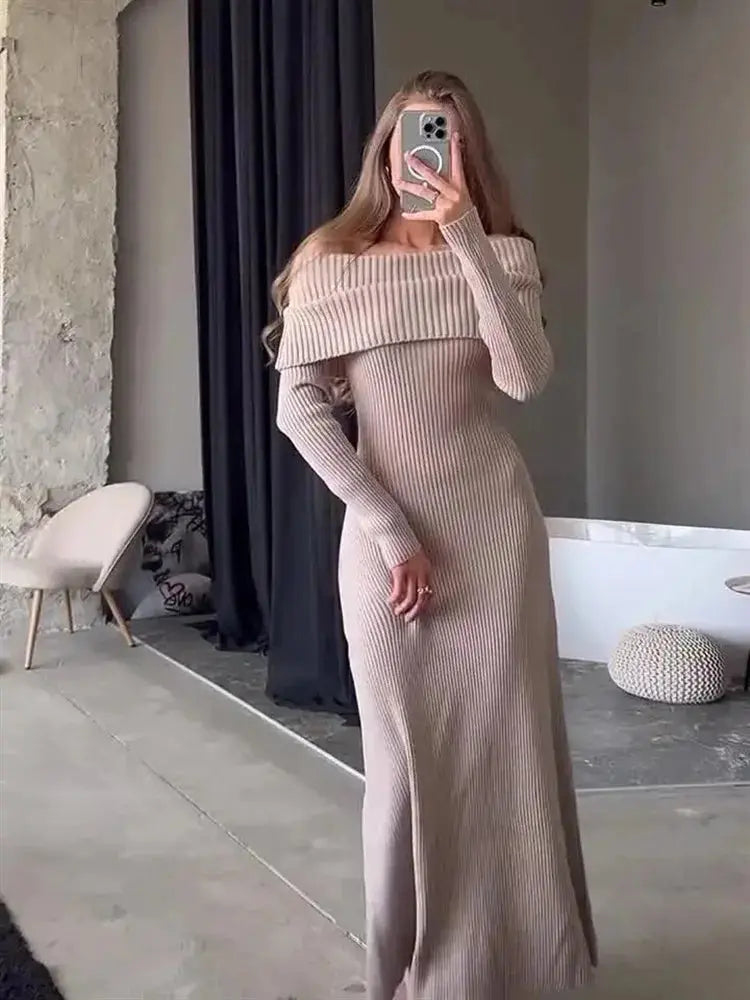 Tossy Fashion Knit Long Dress Off-Shoulder Female Ribbed Loose High Waist Elegant Autumn Party Dress Ladies Knitwear Maxi Dress JNi3 shop