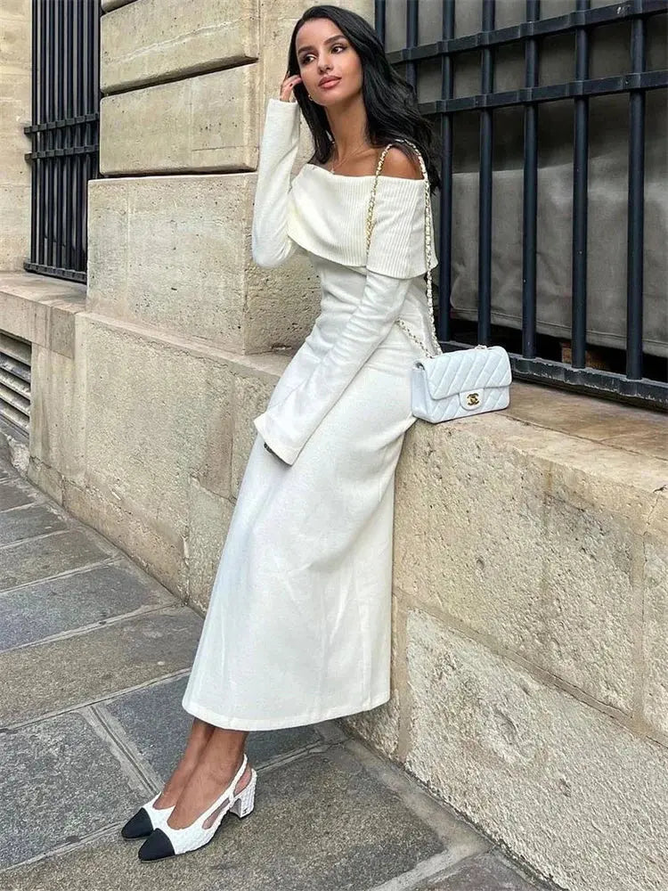 Tossy Fashion Knit Long Dress Off-Shoulder Female Ribbed Loose High Waist Elegant Autumn Party Dress Ladies Knitwear Maxi Dress JNi3 shop