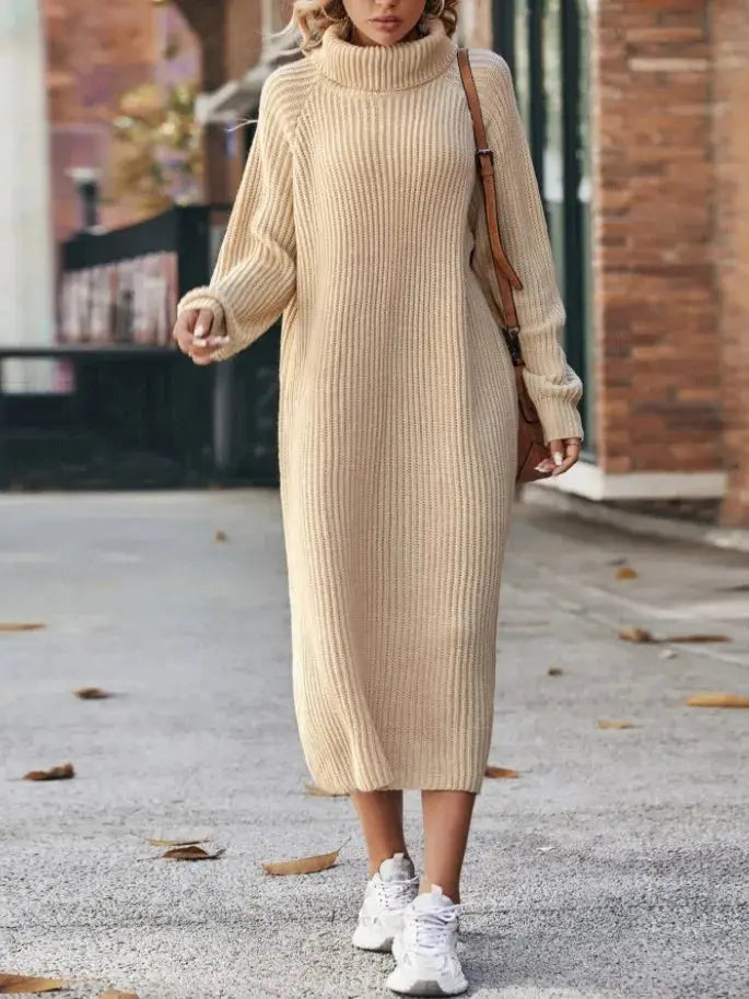 Winter New Women's Fashion Temperament Elegant Slim Fit Coat Long Woolen Dress Loose Casual High Neck Knitted Dress JNi3 shop