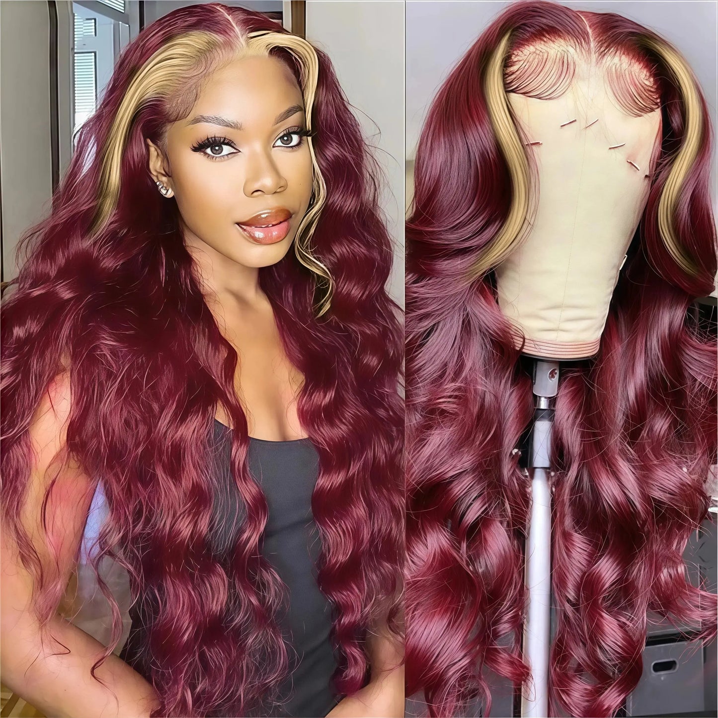 Colored Highlight Hd Transparent Body Wave Lace Front Wigs Omber Blonde With Burgundy Red Human Hair Wigs Brazilian JNi3 shop