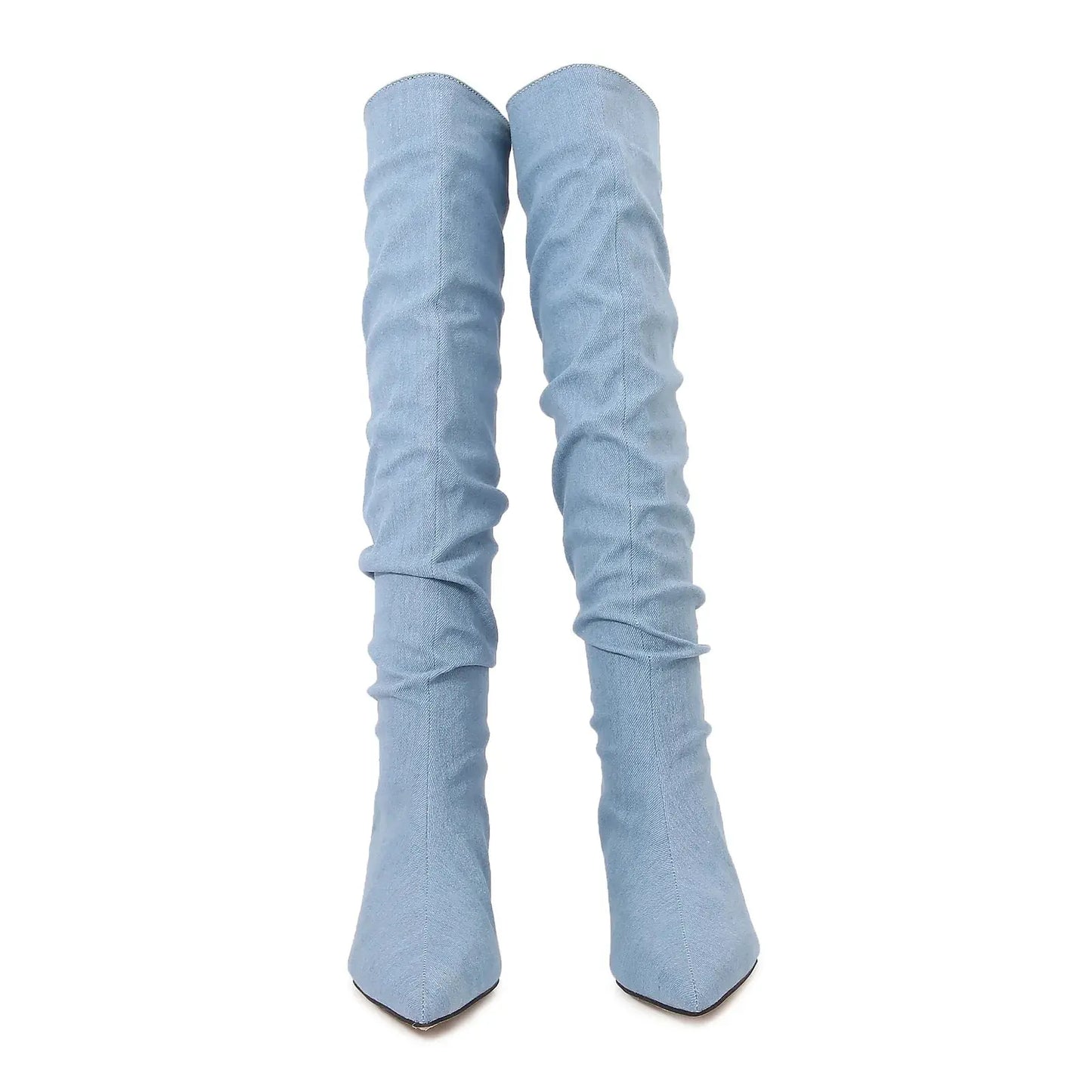 Sexy Ladies Jeans over the knee boots pointed toe thin high heels denim long botas mujer pleated blue jeans botines big size 43 JNi3 shop