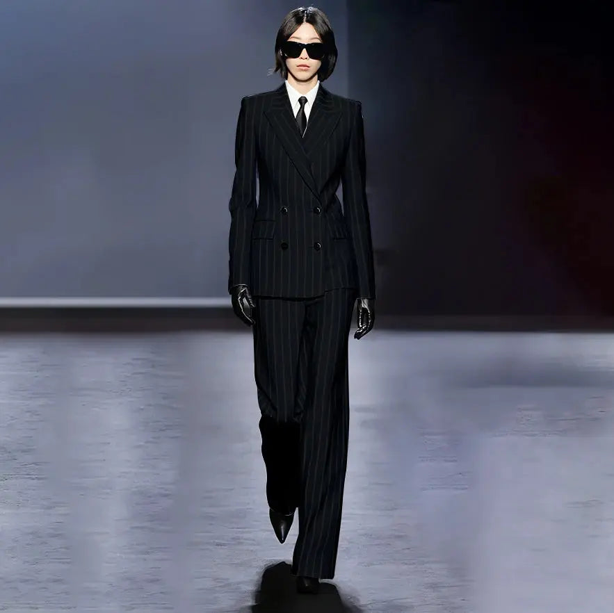 Dark Blue Stripes Women Suit Customized Double-breasted Peak Lapel Two Pieces(Jacket+Pants) Business Office Lady Competent Set JNi3 shop