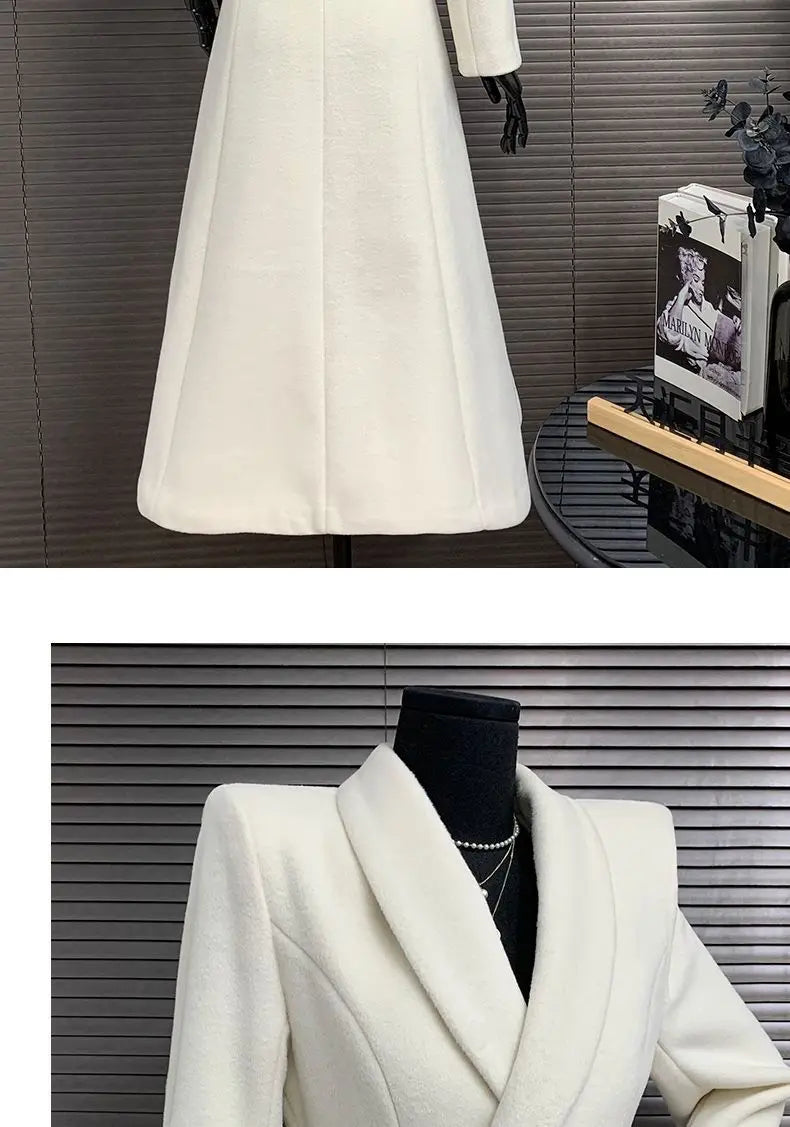 New Elegant White Woolen Coat - Thick Double-Breasted Long Winter/Autumn