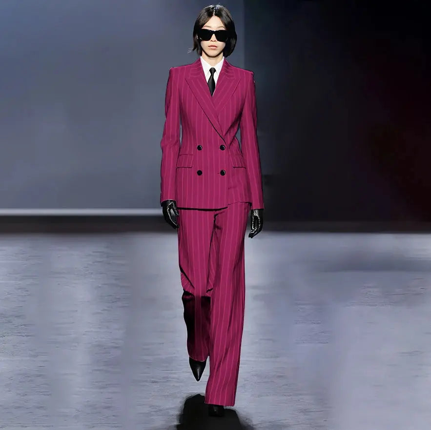 Dark Blue Stripes Women Suit Customized Double-breasted Peak Lapel Two Pieces(Jacket+Pants) Business Office Lady Competent Set JNi3 shop