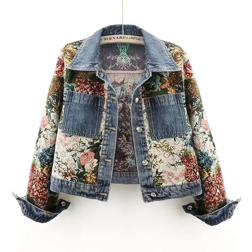 2025 Autumn New Versatile Printed Splicing Long Sleeve Collar Cowboy Jacket for Women, Short and Small Top Jacket Women JNi3 shop