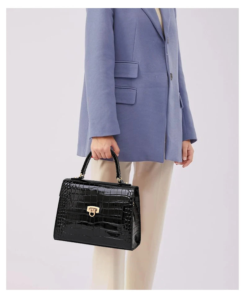 New Lacquer Skin Crocodile Pattern Women's Handbag Top Layer Cowhide Styled High Grade Single Shoulder Crossbody Bag