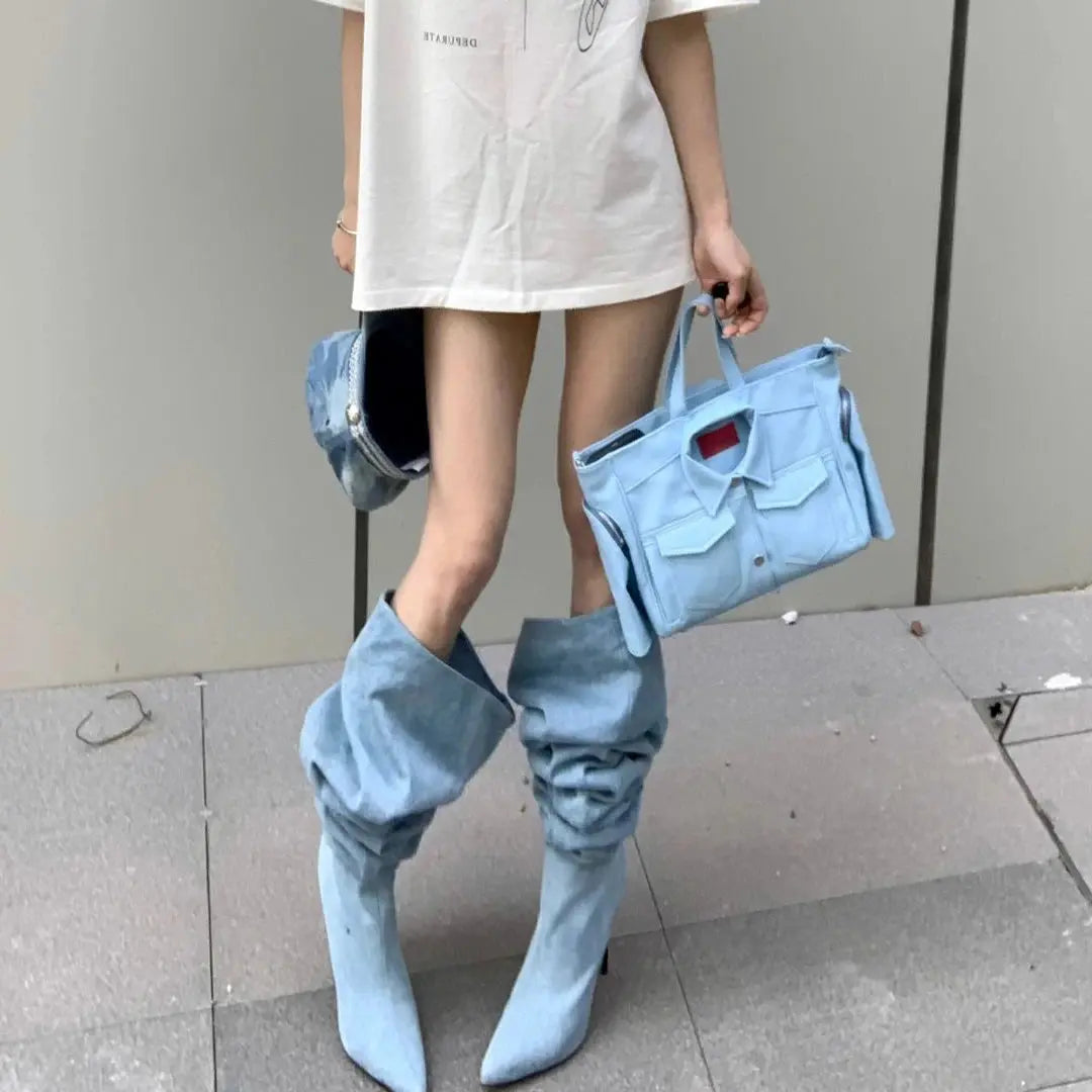 High-Top Western Cowboy Knight Boots Women's Pointed Toe arp Heel Denim Folded  Faionable Spring Summer New Sle JNi3 shop