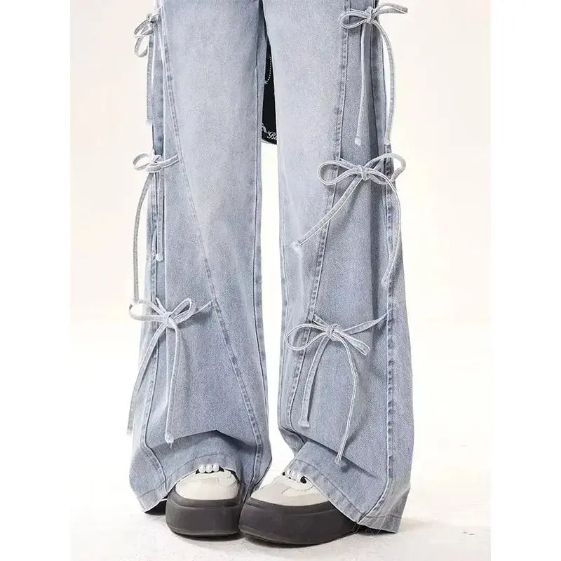 MEXZT Y2K 2000S Jeans Women Vintage Streetwear Bow Bandage Wide Leg Denim Pants Harajuku Korean Baggy Casual Straight Trousers JNi3 shop