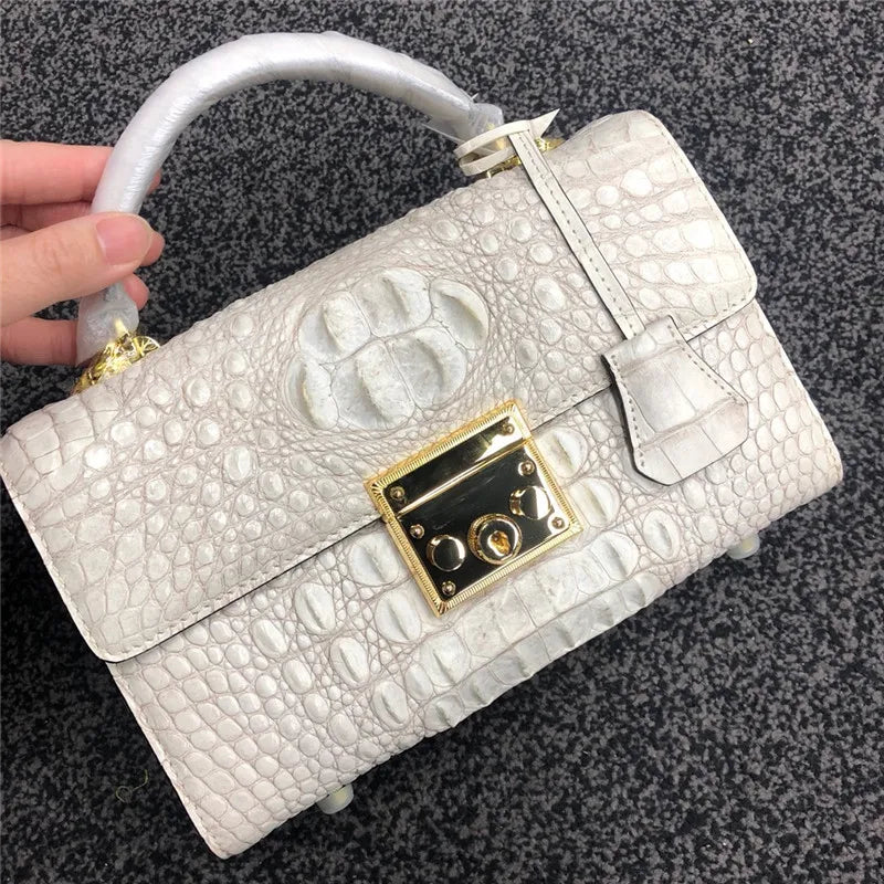 Genuine Alligator Skin Key Lock Closure Lady Small Green Handbag Authentic Crocodile Leather Women Flap Purse Cross Shoulder Bag