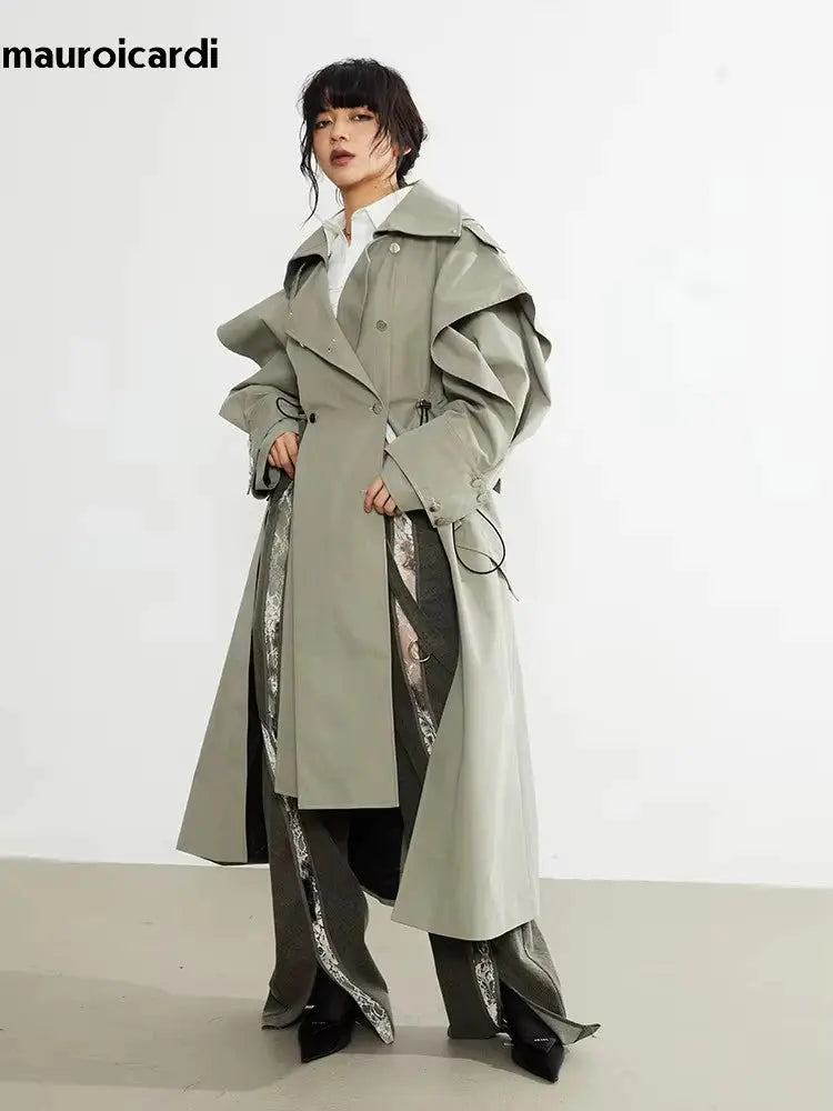 Mauroicardi Spring Long Oversized Elegant Ruffled Trench Coat for Women Double Breasted Luxury Designer Overcoat Runway Fashion JNi3 shop