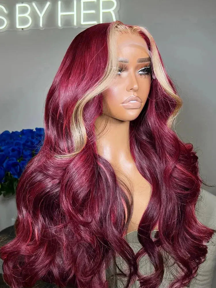 Colored Highlight Hd Transparent Body Wave Lace Front Wigs Omber Blonde With Burgundy Red Human Hair Wigs Brazilian JNi3 shop