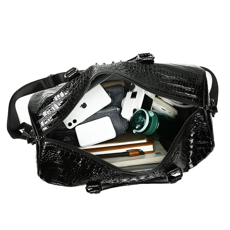 Men’s Luxury Crocodile Pattern Travel Duffel – Large Capacity Glossy Alligator Embossed Weekender & Business Luggage