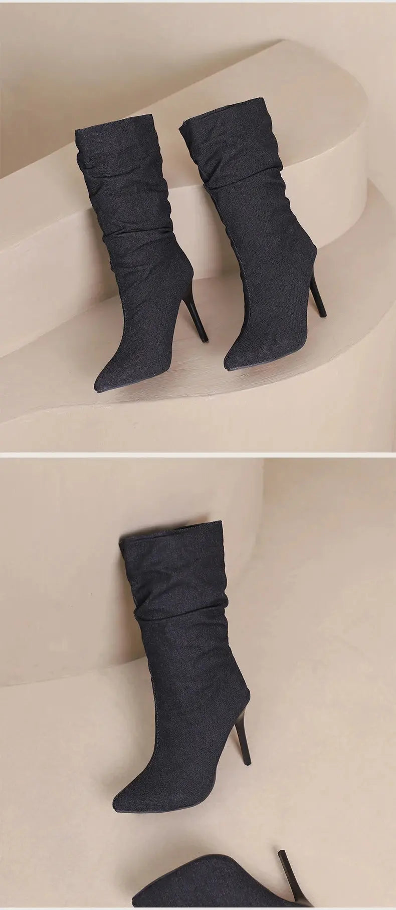 2024 New Plus Size Pointed Toe Ultra-High Slim Heel TPR Sole Light Blue Denim Mid –Calf Boots Pleated Plush Lining Sexy Boots JNi3 shop