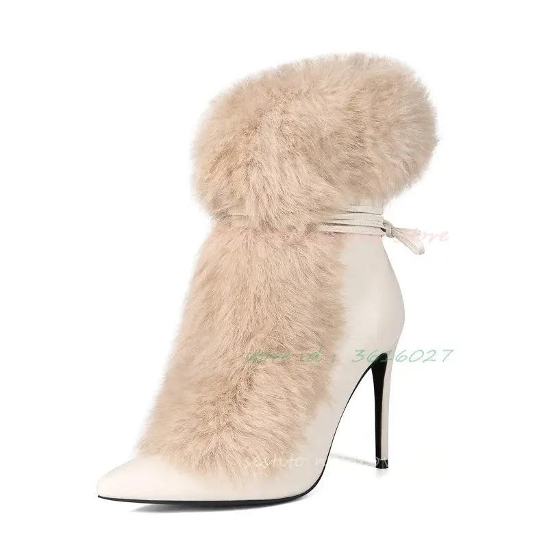 Pointed Toe Fur Mid Calf Boots Stiletto Heels Ankle Straps Fashion Warm Shoes In Winter Solid Plush Sexy Party Dress Shoes JNi3 shop