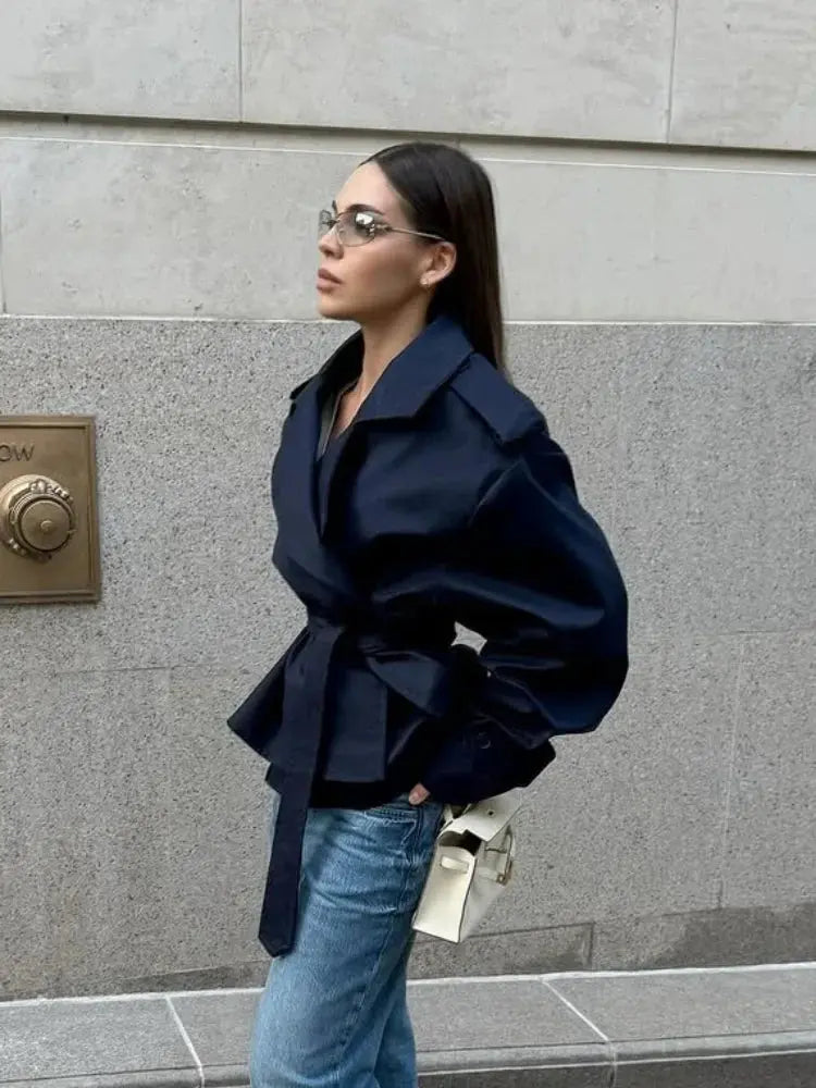 Lace Up Lapel Collar Windbreaker Women Shoulder Pat Long Sleeves Wide Shoulder Coats 2025 Autumn Commute Daily Jacket JNi3 shop