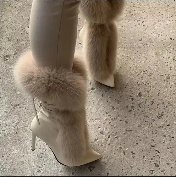 Pointed Toe Fur Mid Calf Boots Stiletto Heels Ankle Straps Fashion Warm Shoes In Winter Solid Plush Sexy Party Dress Shoes JNi3 shop