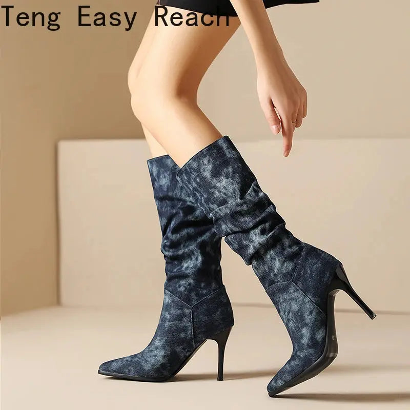 Blue Denim Knee High Cowboy Boots for Women 2025 Autumn Pleated High Heels Long Boots Woman Stiletto Heeled Jeans Botas Shoes JNi3 shop