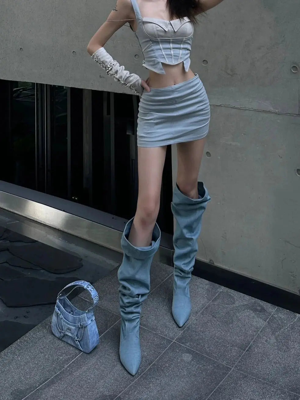 High-Top Western Cowboy Knight Boots Women's Pointed Toe arp Heel Denim Folded  Faionable Spring Summer New Sle JNi3 shop