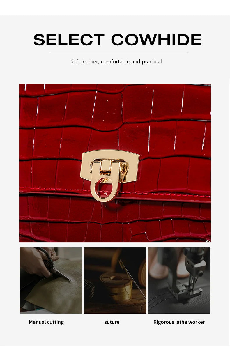 New Lacquer Skin Crocodile Pattern Women's Handbag Top Layer Cowhide Styled High Grade Single Shoulder Crossbody Bag