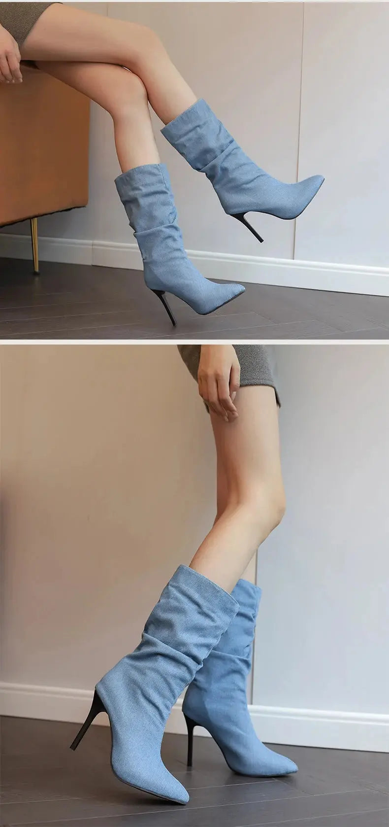 2024 New Plus Size Pointed Toe Ultra-High Slim Heel TPR Sole Light Blue Denim Mid –Calf Boots Pleated Plush Lining Sexy Boots JNi3 shop