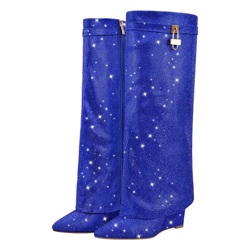 Onlymaker Women Rhinestones Knee High Boots Sexy Party Dress Wedding Shark Lock Bling Buckle Pointed Toe Boots JNi3 shop