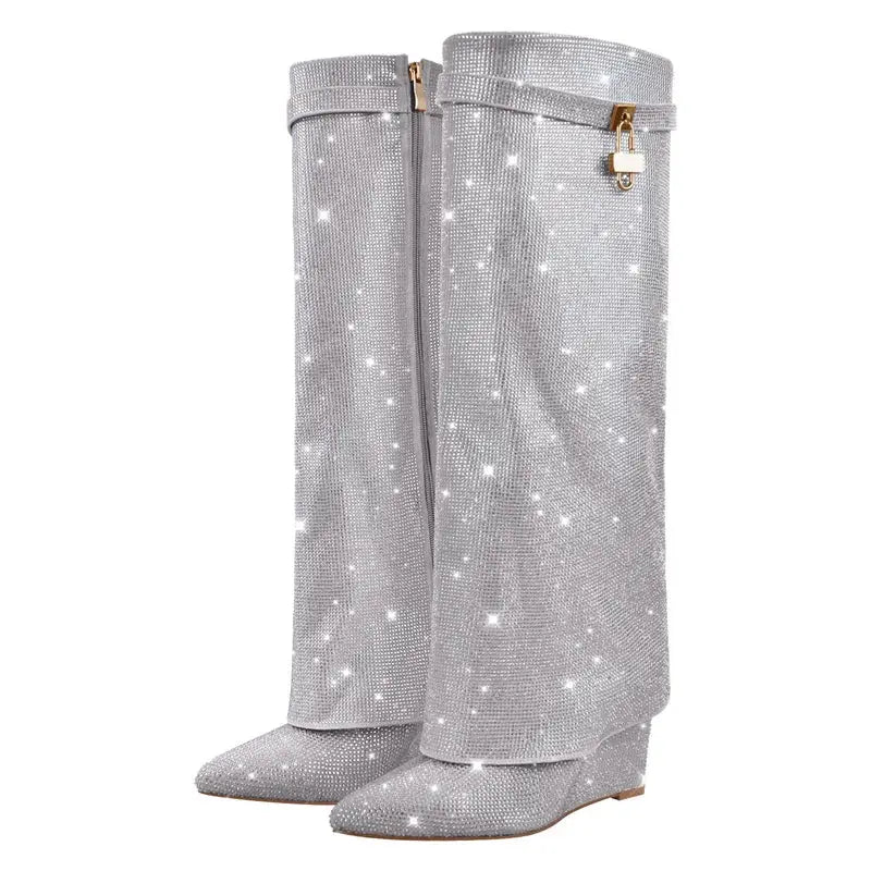 Onlymaker Women Rhinestones Knee High Boots Sexy Party Dress Wedding Shark Lock Bling Buckle Pointed Toe Boots JNi3 shop