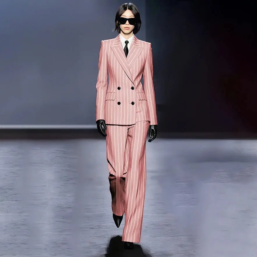 Dark Blue Stripes Women Suit Customized Double-breasted Peak Lapel Two Pieces(Jacket+Pants) Business Office Lady Competent Set JNi3 shop