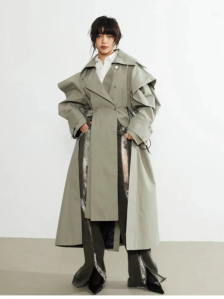 Mauroicardi Spring Long Oversized Elegant Ruffled Trench Coat for Women Double Breasted Luxury Designer Overcoat Runway Fashion JNi3 shop