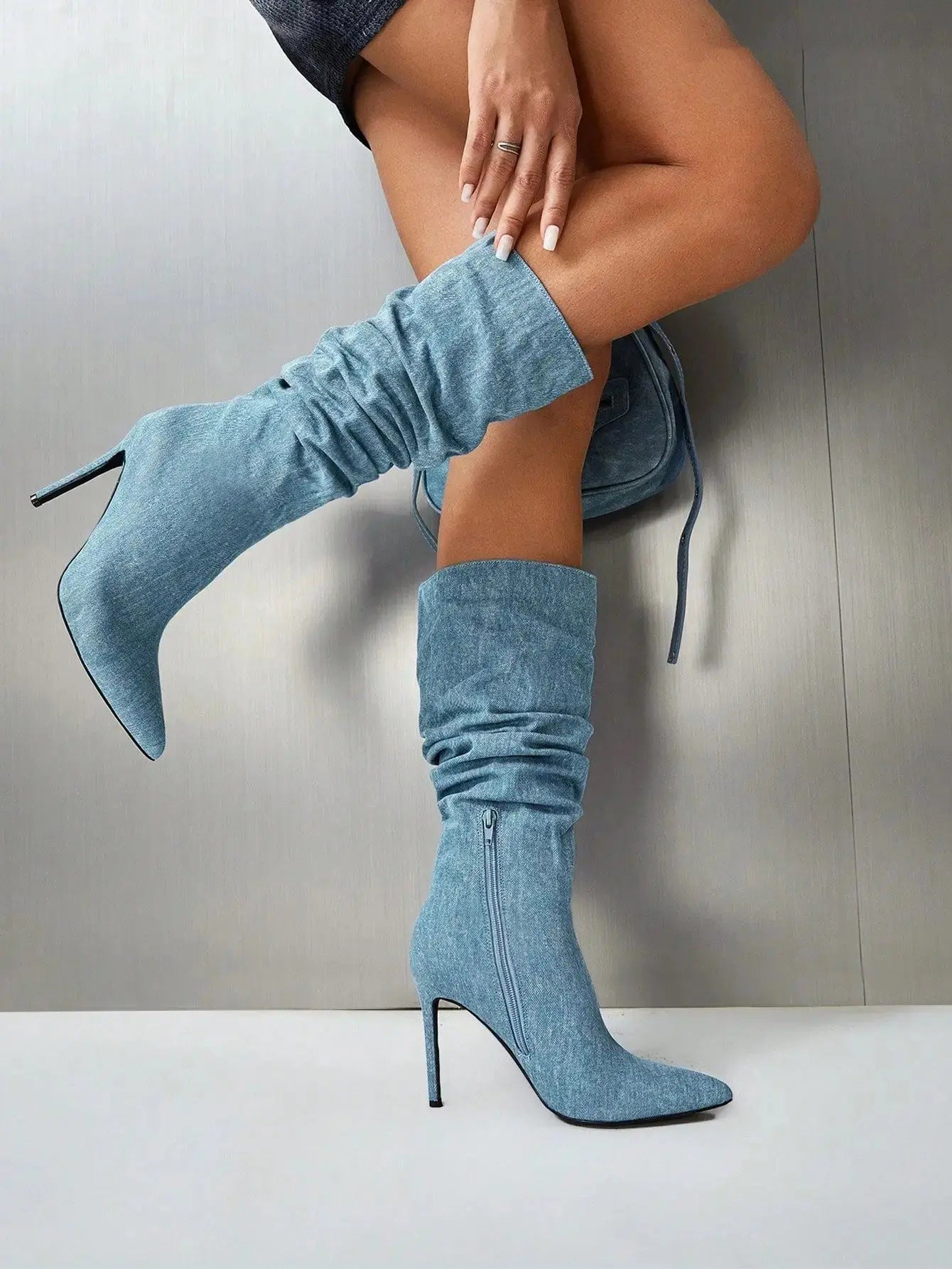 Women's Denim Slouchy Knee High Boots Stiletto Heel Pointed Toe Side Zip Trendy Autumn Winter Fashion Elegant Party Daily Wear JNi3 shop