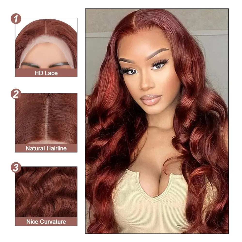 13x6 Reddish Brown Women's Wigs Synthetic Lace Front Wig Red Body Wave Lace Frontal Wig Glueless Pre Plucked With Baby Hair Wig JNi3 shop