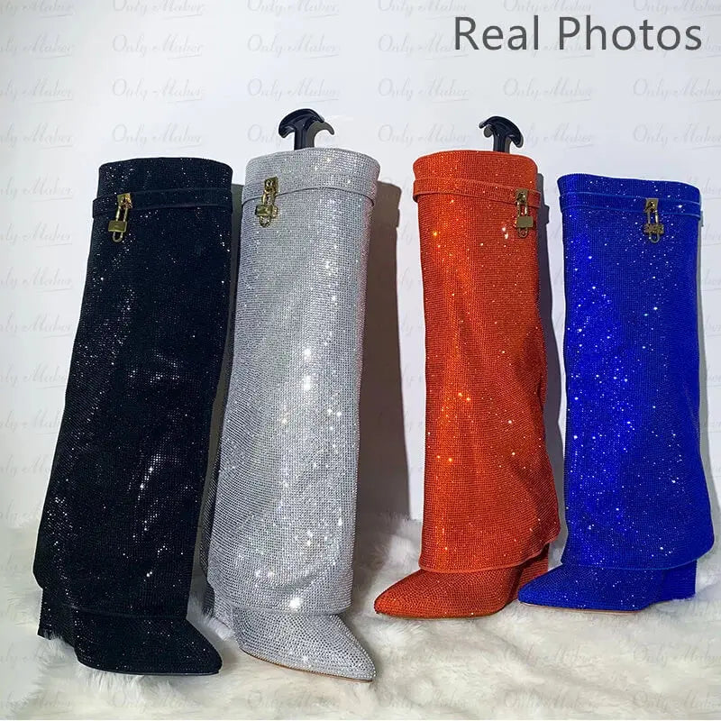 Onlymaker Women Rhinestones Knee High Boots Sexy Party Dress Wedding Shark Lock Bling Buckle Pointed Toe Boots JNi3 shop