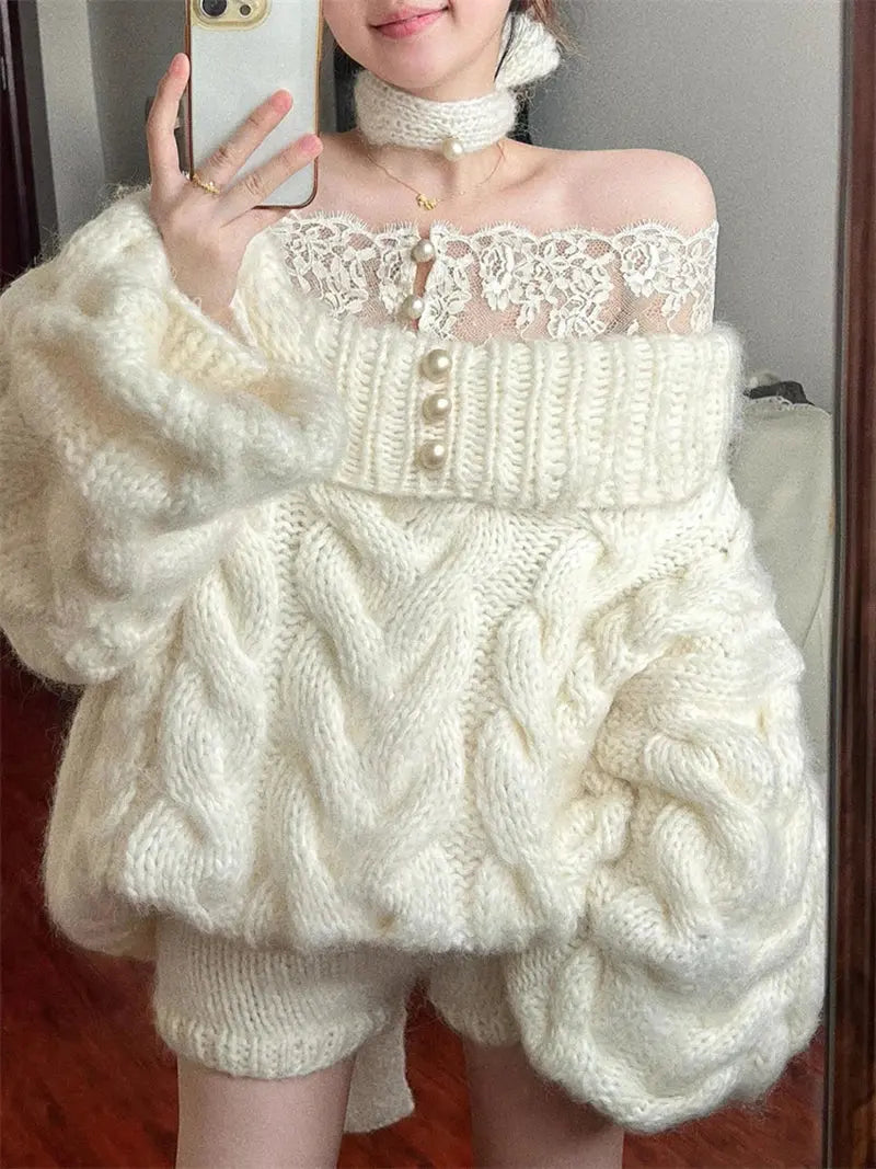 Elegant Slash Neck Sweater Women Fashion Lace Patchwork Knitted Pullovers Korean Oversized Knitwears Winter Long Sleeve Jumpers JNi3 shop