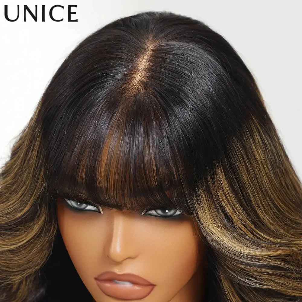 UNice Hair Drawstring Cap 13x4 Human Hair Lace Frontal Wig With Bangs FB30 Balayage Body Wave Wig Pre Everything Glueless Wigs JNi3 shop
