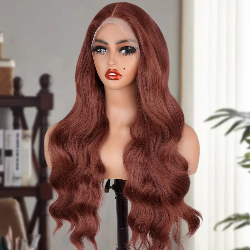 13x6 Reddish Brown Women's Wigs Synthetic Lace Front Wig Red Body Wave Lace Frontal Wig Glueless Pre Plucked With Baby Hair Wig JNi3 shop