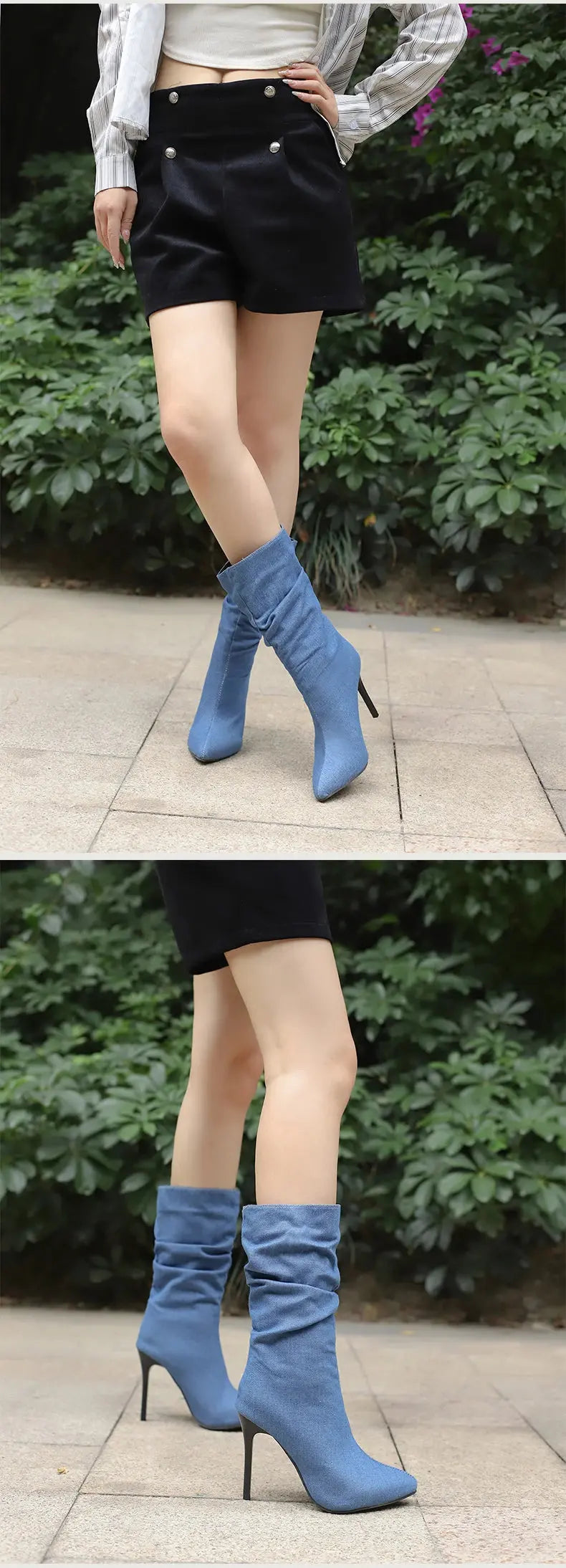 2024 New Plus Size Pointed Toe Ultra-High Slim Heel TPR Sole Light Blue Denim Mid –Calf Boots Pleated Plush Lining Sexy Boots JNi3 shop