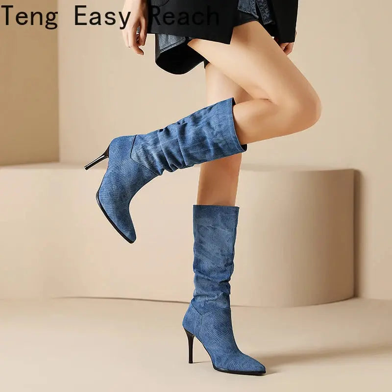 Blue Denim Knee High Cowboy Boots for Women 2025 Autumn Pleated High Heels Long Boots Woman Stiletto Heeled Jeans Botas Shoes JNi3 shop