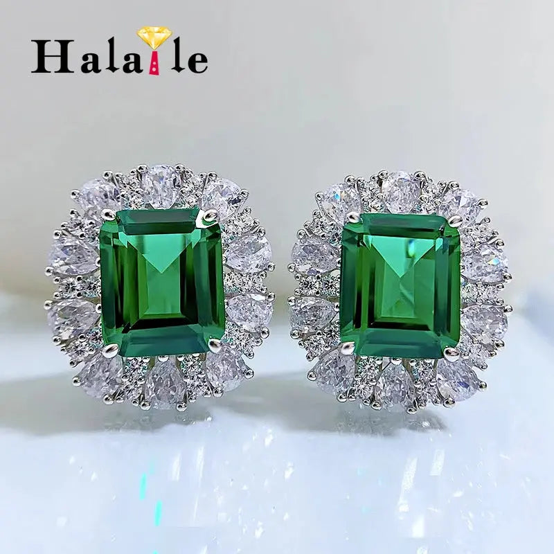Halaile 9*11MM Emerald High Carbon Diamond Earrings S925 Sterling Silver Zircon Fine Jewelry Trendy Elegant Gift for Women JNi3 shop