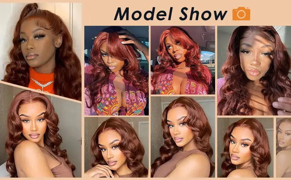 13x6 Reddish Brown Women's Wigs Synthetic Lace Front Wig Red Body Wave Lace Frontal Wig Glueless Pre Plucked With Baby Hair Wig JNi3 shop