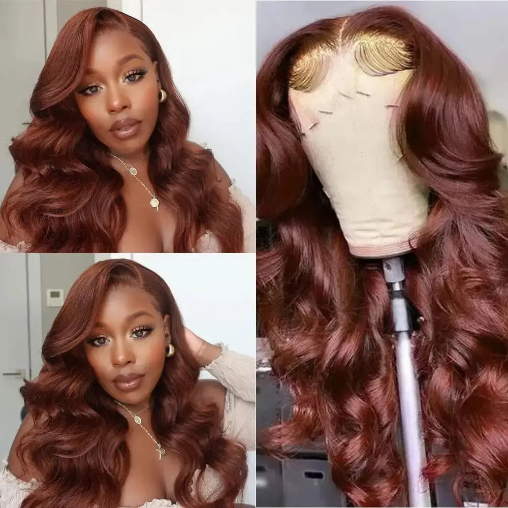 13x6 Reddish Brown Women's Wigs Synthetic Lace Front Wig Red Body Wave Lace Frontal Wig Glueless Pre Plucked With Baby Hair Wig JNi3 shop