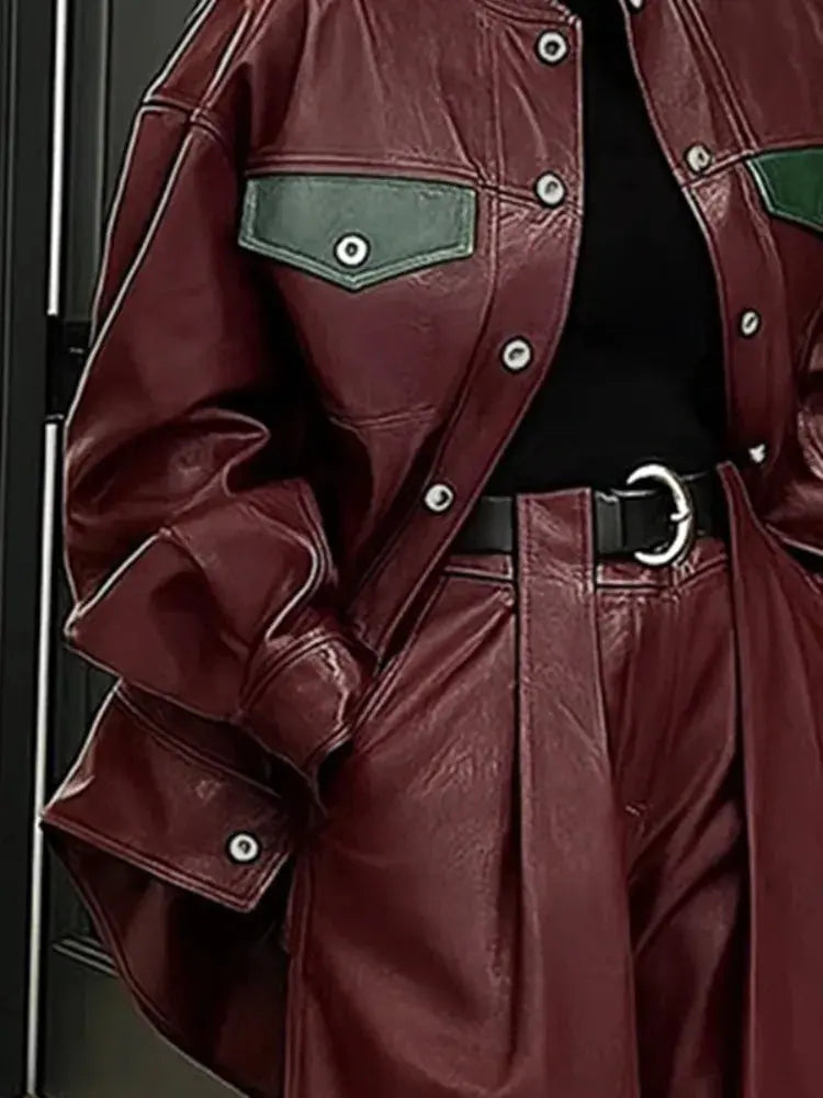 Gymystars Autumn Wine Red PU Two Piece Sets for Women Fashion Wide Leg Pants Elegant Button Jacket Elegant No Belt Trousers Suit JNi3 shop