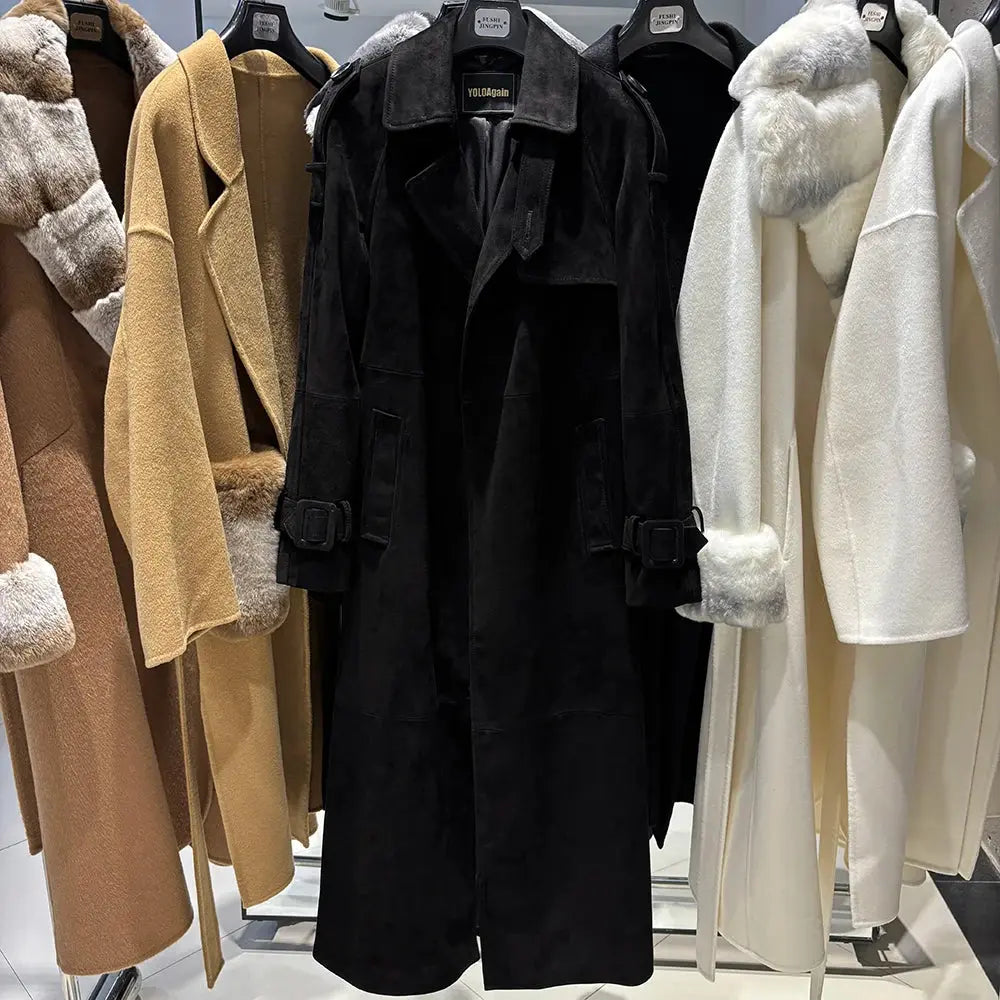 Women's Real Leather Trench Coat Long High Quality Windbreak Oversized JNi3 shop