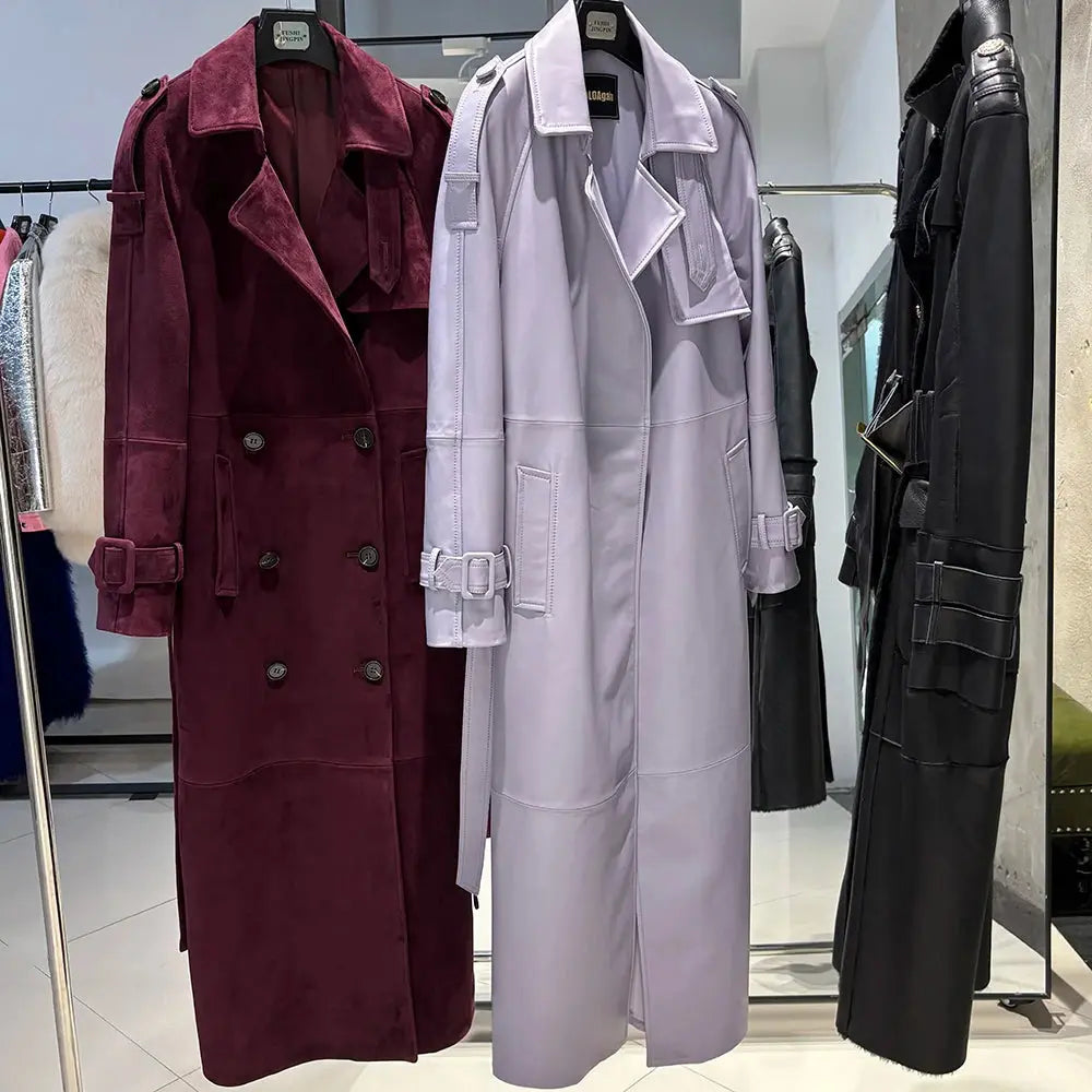 Women's Real Leather Trench Coat Long High Quality Windbreak Oversized JNi3 shop