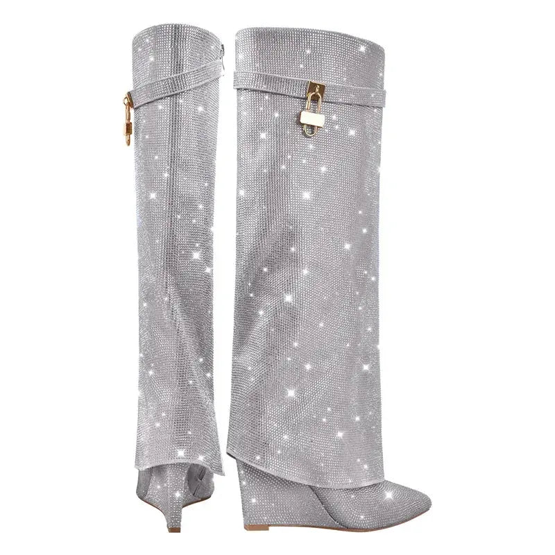Onlymaker Women Rhinestones Knee High Boots Sexy Party Dress Wedding Shark Lock Bling Buckle Pointed Toe Boots JNi3 shop