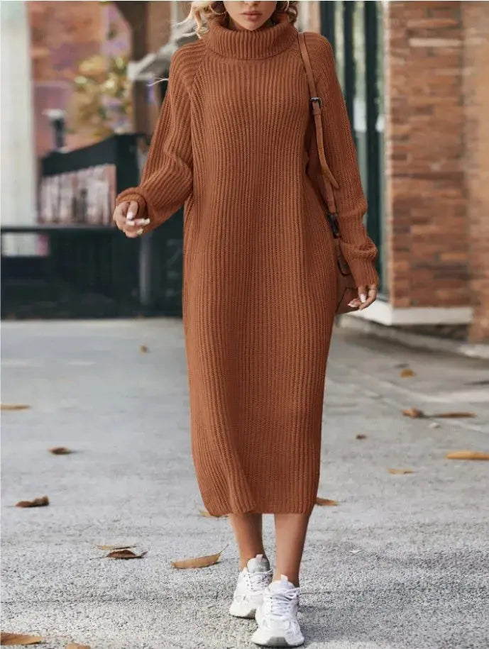Winter New Women's Fashion Temperament Elegant Slim Fit Coat Long Woolen Dress Loose Casual High Neck Knitted Dress JNi3 shop