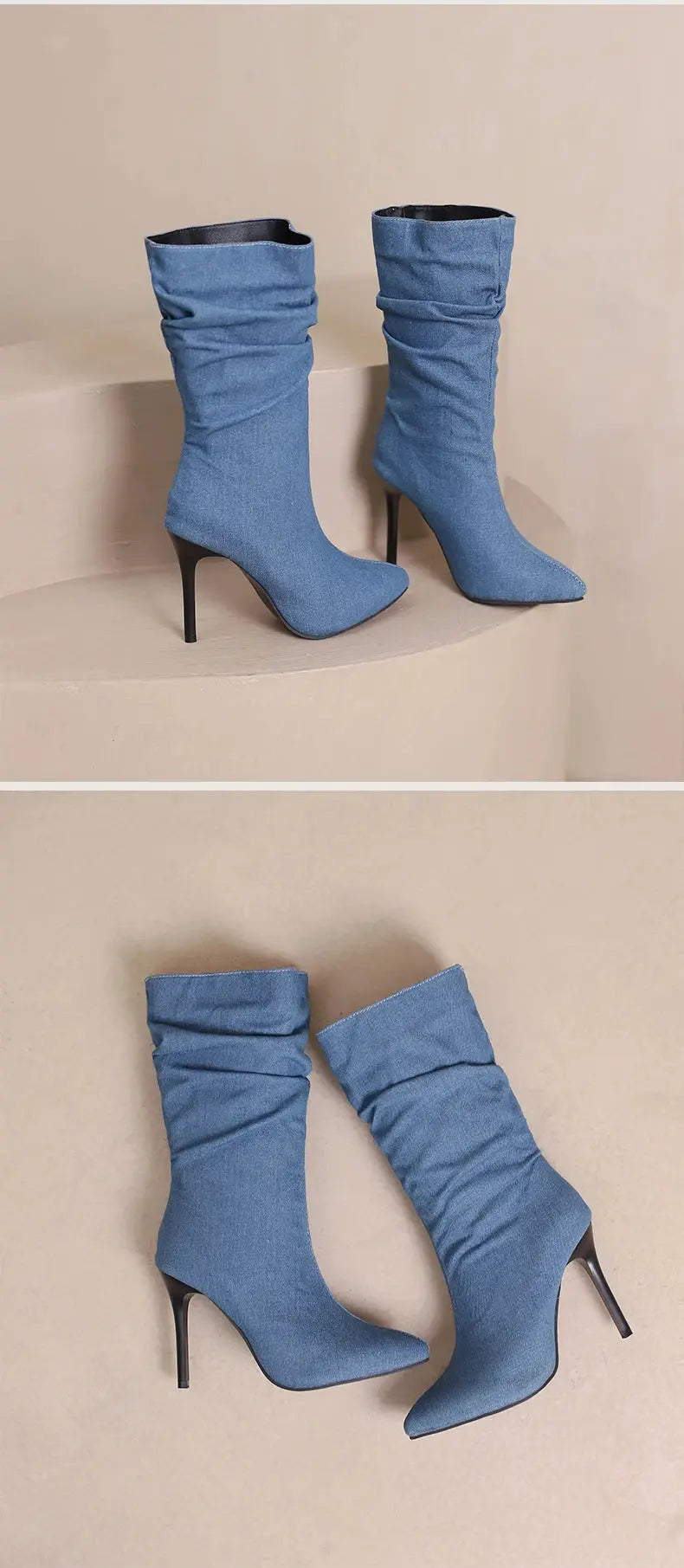 2024 New Plus Size Pointed Toe Ultra-High Slim Heel TPR Sole Light Blue Denim Mid –Calf Boots Pleated Plush Lining Sexy Boots JNi3 shop