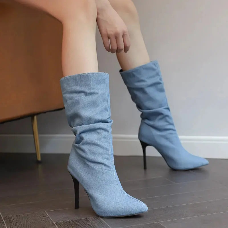 2024 New Plus Size Pointed Toe Ultra-High Slim Heel TPR Sole Light Blue Denim Mid –Calf Boots Pleated Plush Lining Sexy Boots JNi3 shop