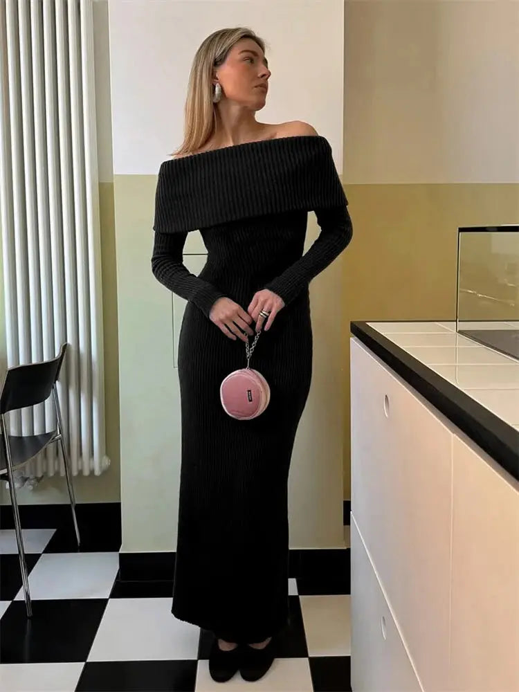 Tossy Fashion Knit Long Dress Off-Shoulder Female Ribbed Loose High Waist Elegant Autumn Party Dress Ladies Knitwear Maxi Dress JNi3 shop